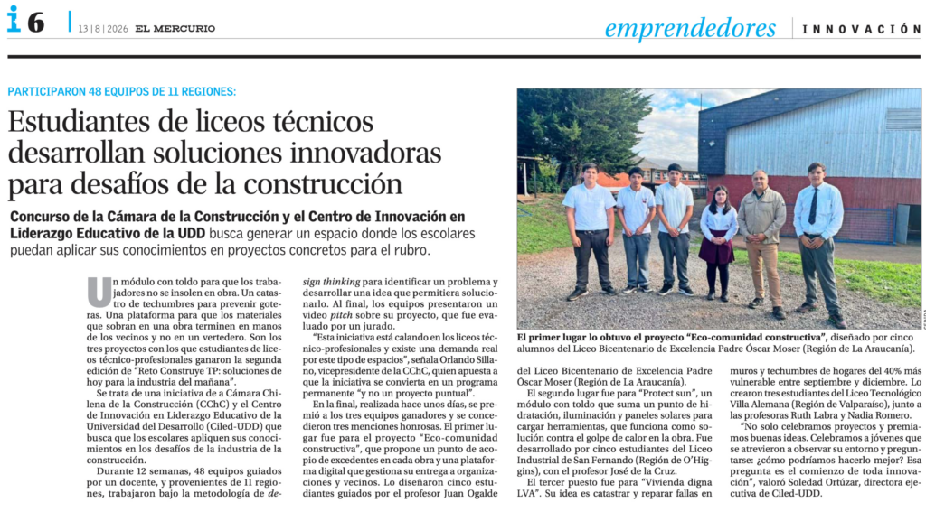 Recorte de El Mercurio sobre estudiantes de liceos técnicos que desarrollaron soluciones para la construcción.