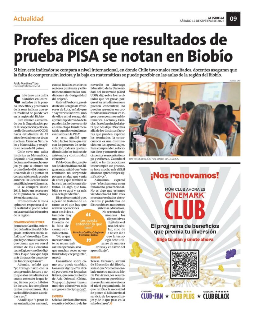 Página de La Estrella de Concepción del 12 de septiembre de 2026 con la nota «Profes dicen que resultados de prueba PISA se notan en Biobío», que cita a Soledad Ortúzar, directora ejecutiva del CILED-UDD.