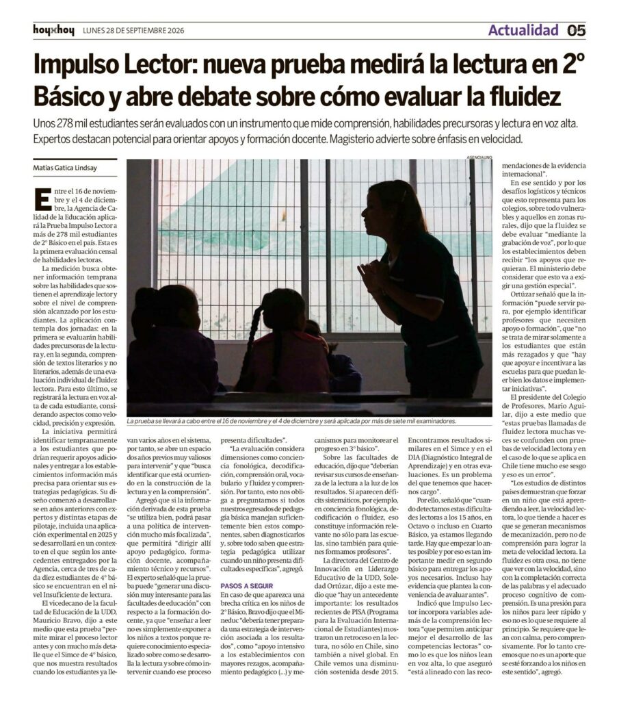 Recorte de HoyxHoy sobre la prueba Impulso Lector en segundo básico, con declaraciones de Soledad Ortúzar, del CILED-UDD.