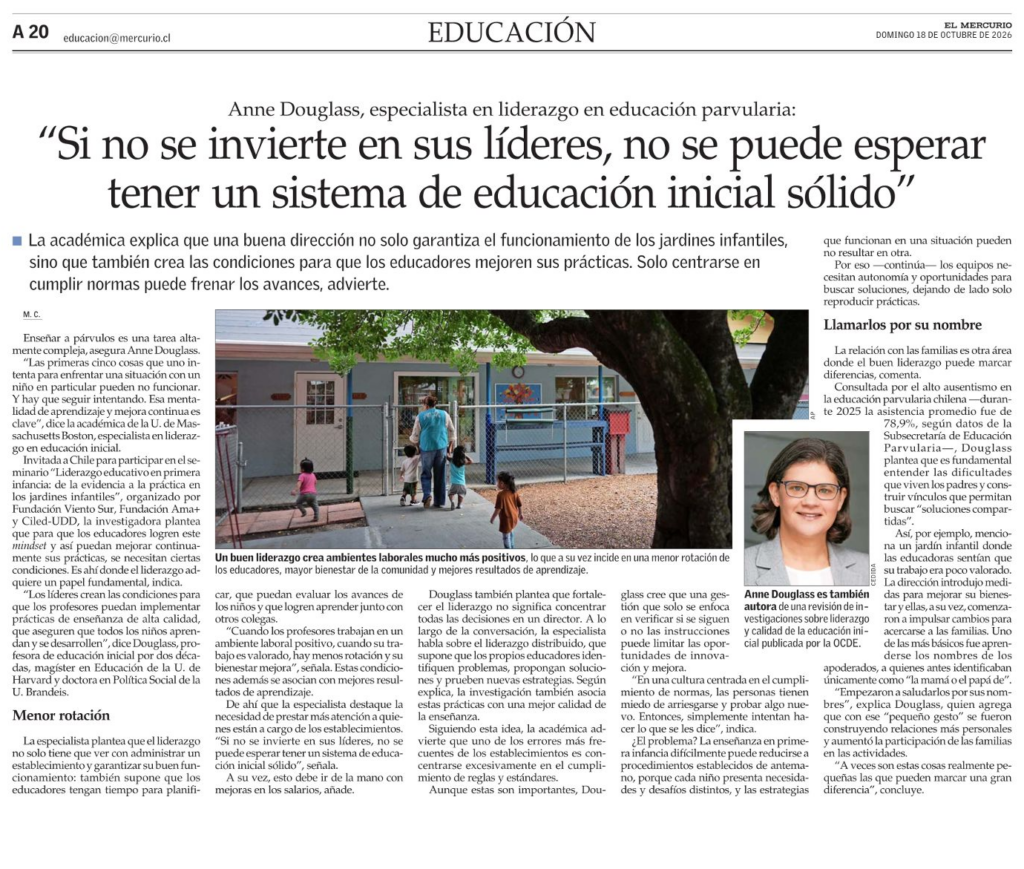 Recorte de El Mercurio con entrevista a Anne Douglass sobre liderazgo en educación inicial