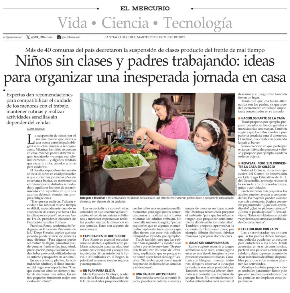 Recorte de El Mercurio sobre niños sin clases, con recomendaciones de Soledad Ortúzar
